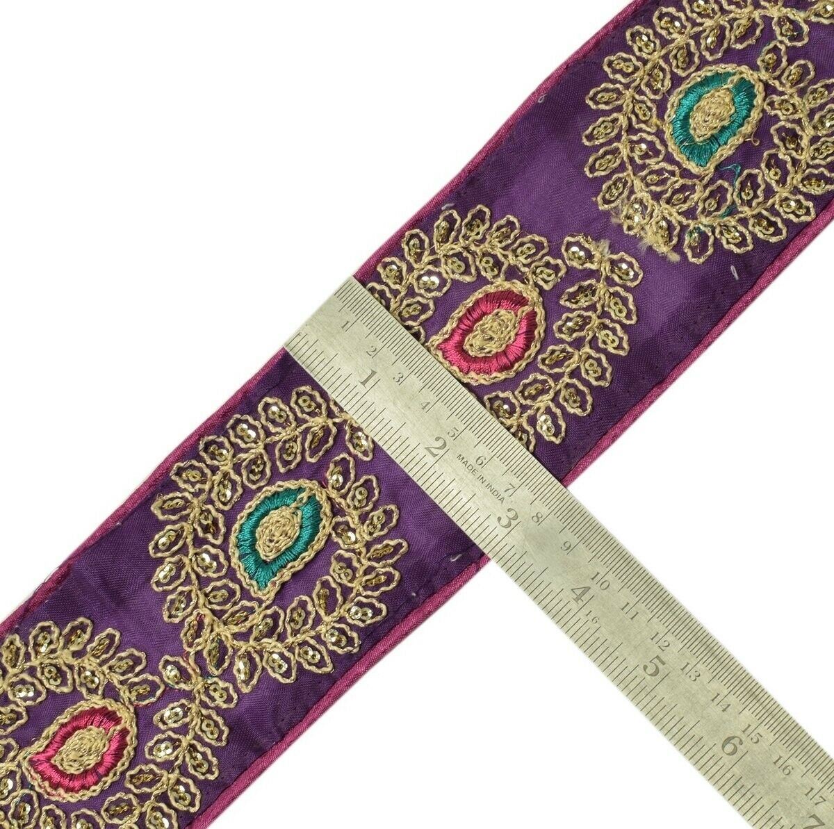 3" W Vintage Sari Border Indian Craft Trim Embroidered Purple Sewing Ribbon Lace