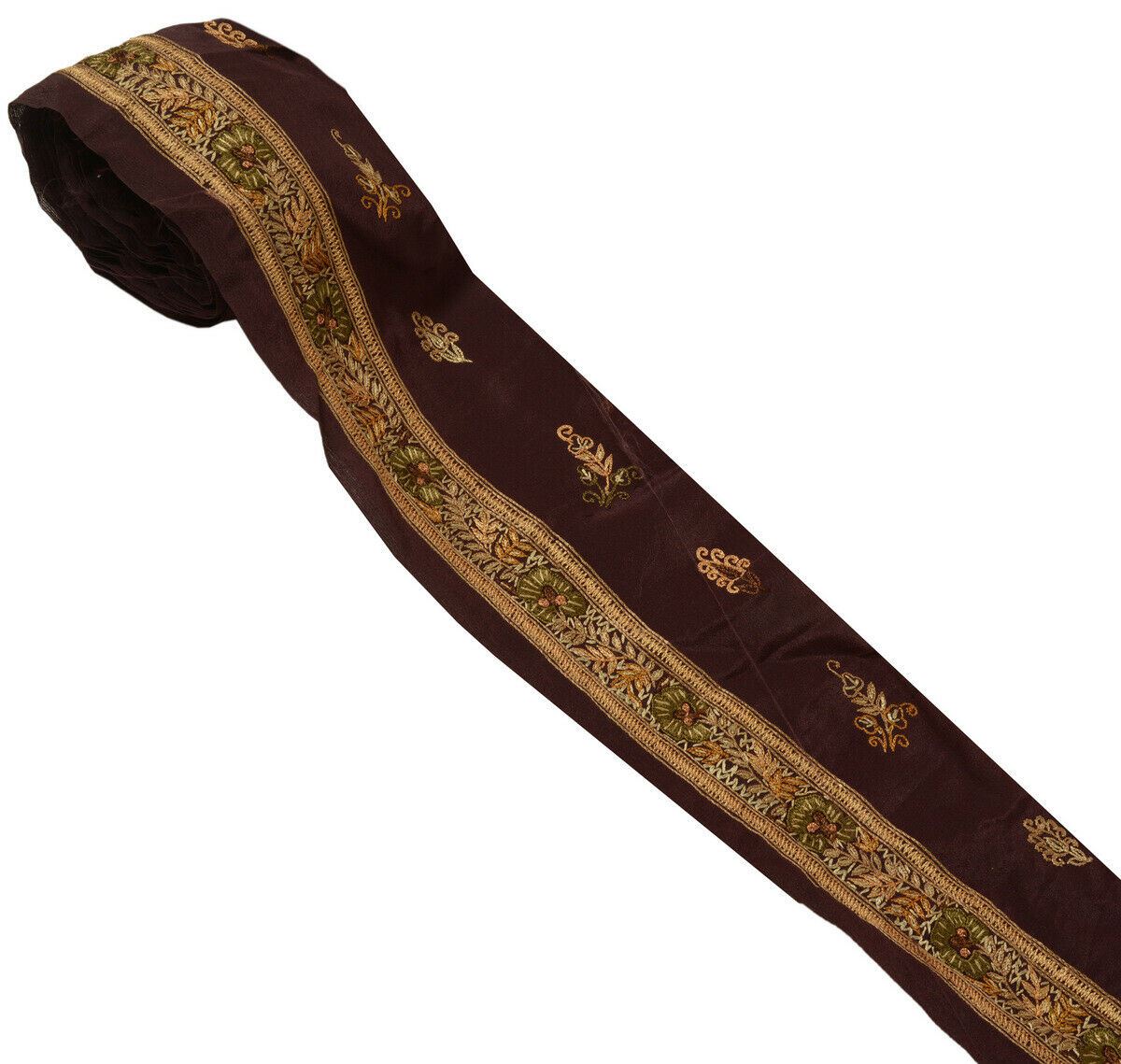 Antique Vtg Saree Border Indian Craft Trim Hand Embroidered Garnet Ribbon Lace