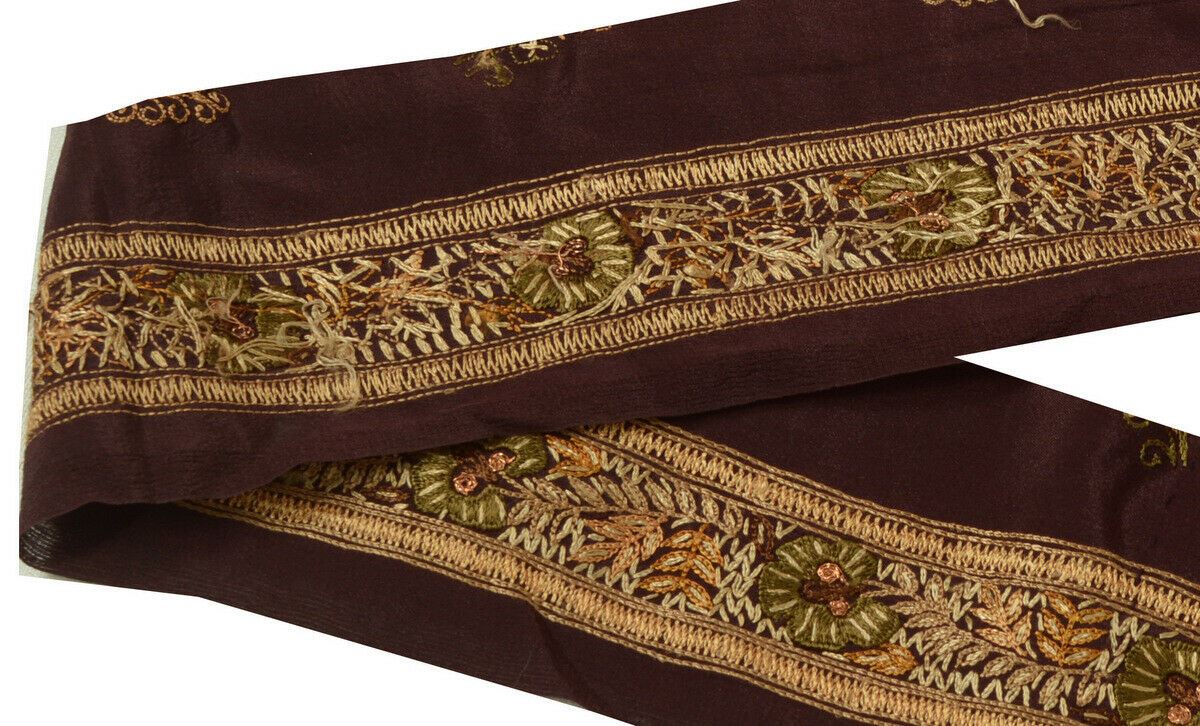 Antique Vtg Saree Border Indian Craft Trim Hand Embroidered Garnet Ribbon Lace