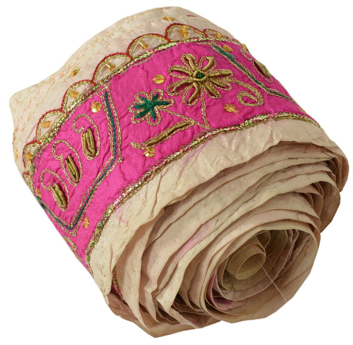 Antique Vintage Saree Border Craft Trim Hand Beaded Embroidered Magenta Lace