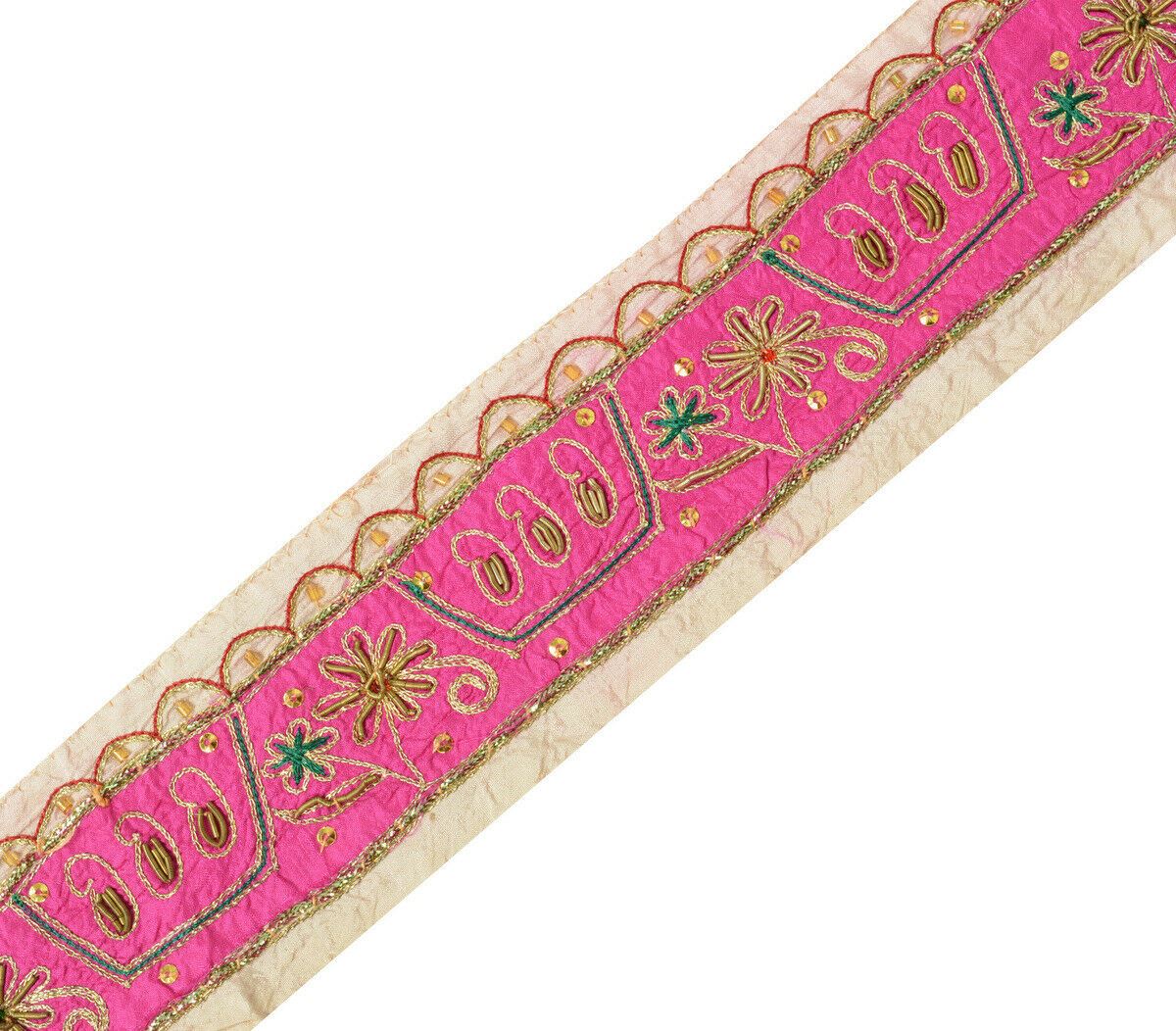 Antique Vintage Saree Border Craft Trim Hand Beaded Embroidered Magenta Lace