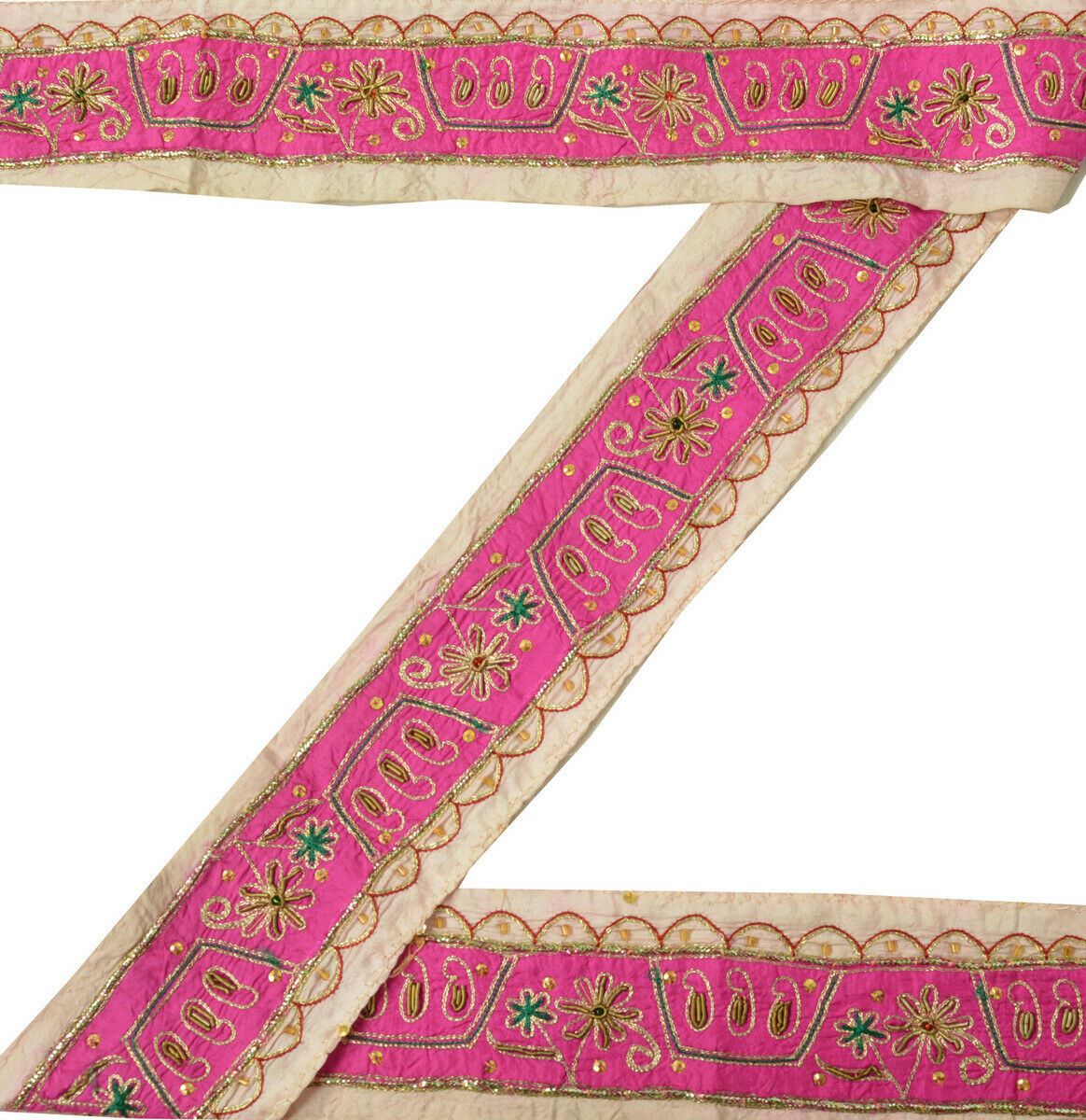 Antique Vintage Saree Border Craft Trim Hand Beaded Embroidered Magenta Lace
