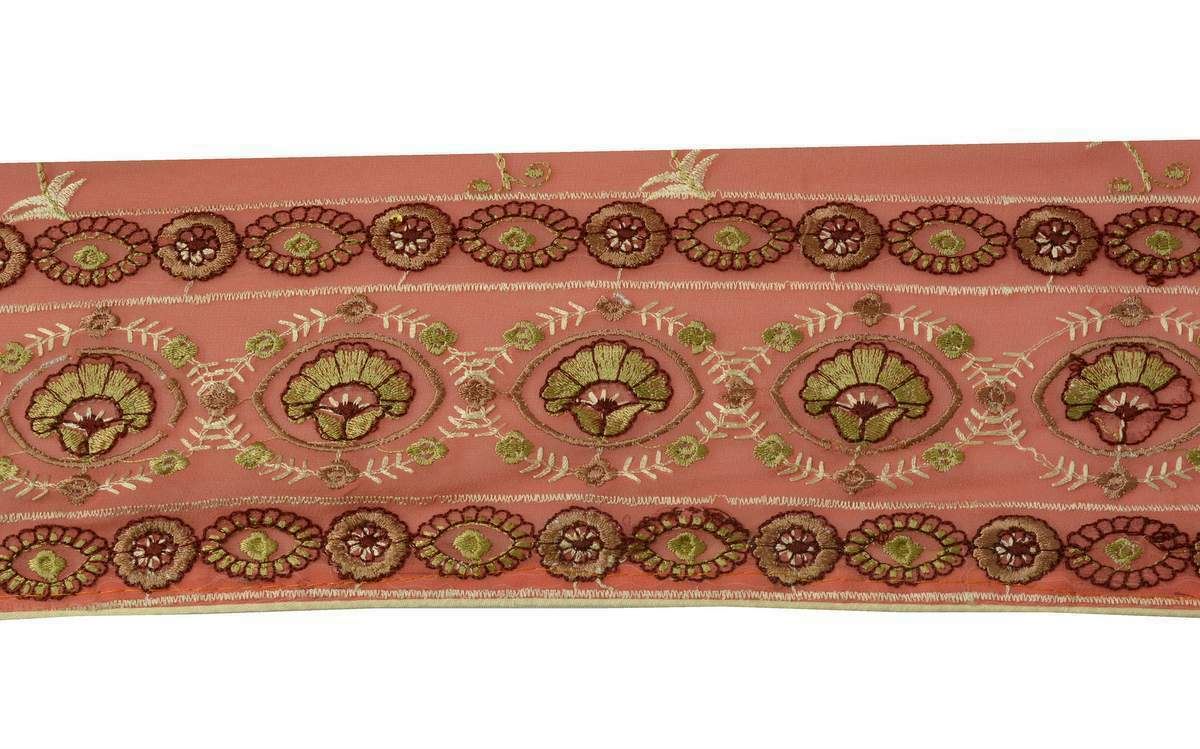 Antique Vintage Sari Border Indian Craft Trim Embroidered Pink Lace Ribbon