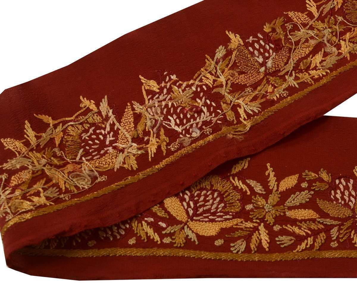 Antique Vintage Sari Border Indian Craft Trim Embroidered Maroon Lace Ribbon
