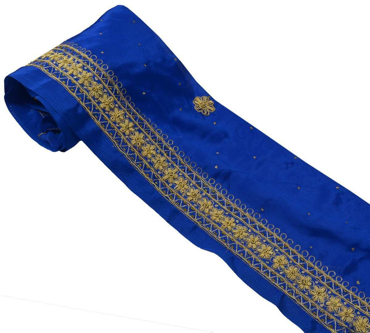 Antique Vtg Sari Border Indian Craft Trim Hand Beaded Zardozi Lace Ribbon Blue