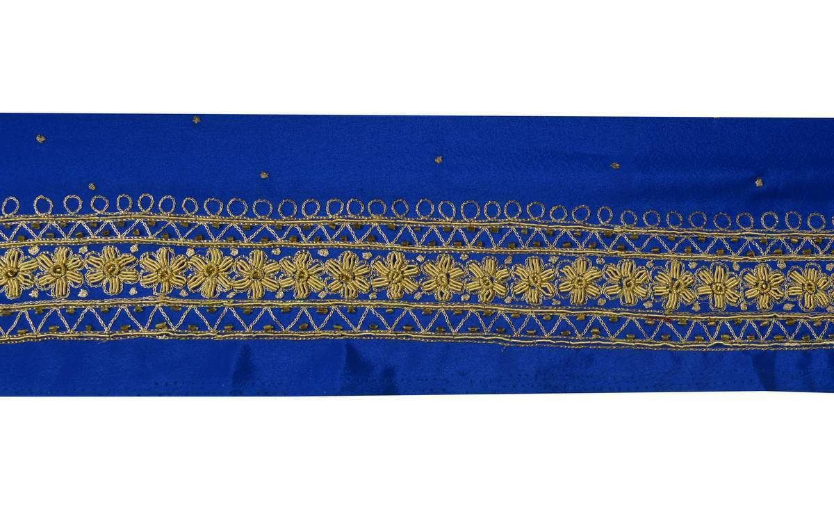 Antique Vtg Sari Border Indian Craft Trim Hand Beaded Zardozi Lace Ribbon Blue