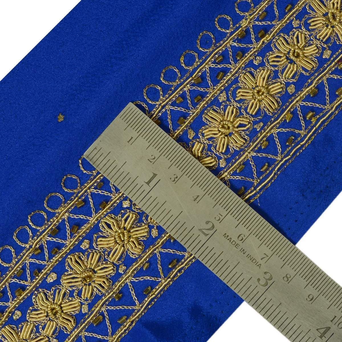 Antique Vtg Sari Border Indian Craft Trim Hand Beaded Zardozi Lace Ribbon Blue