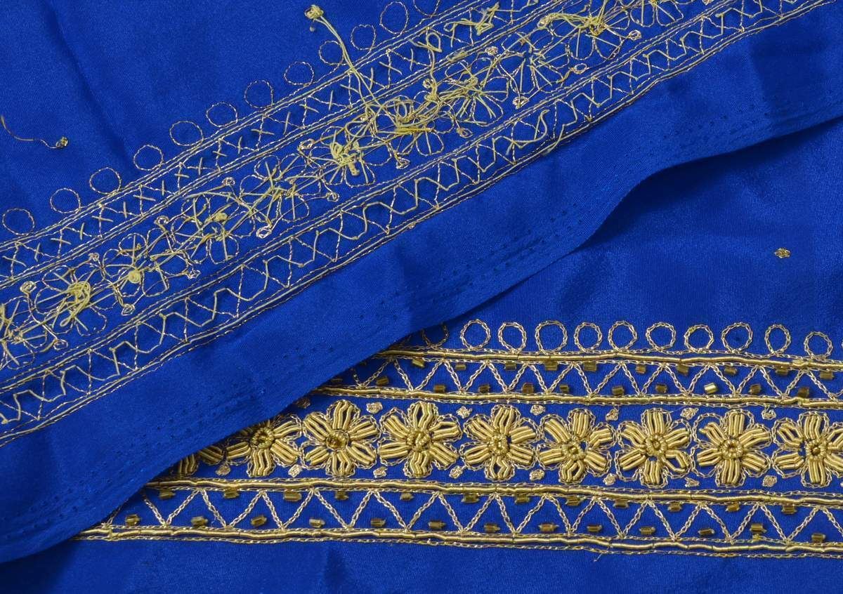 Antique Vtg Sari Border Indian Craft Trim Hand Beaded Zardozi Lace Ribbon Blue