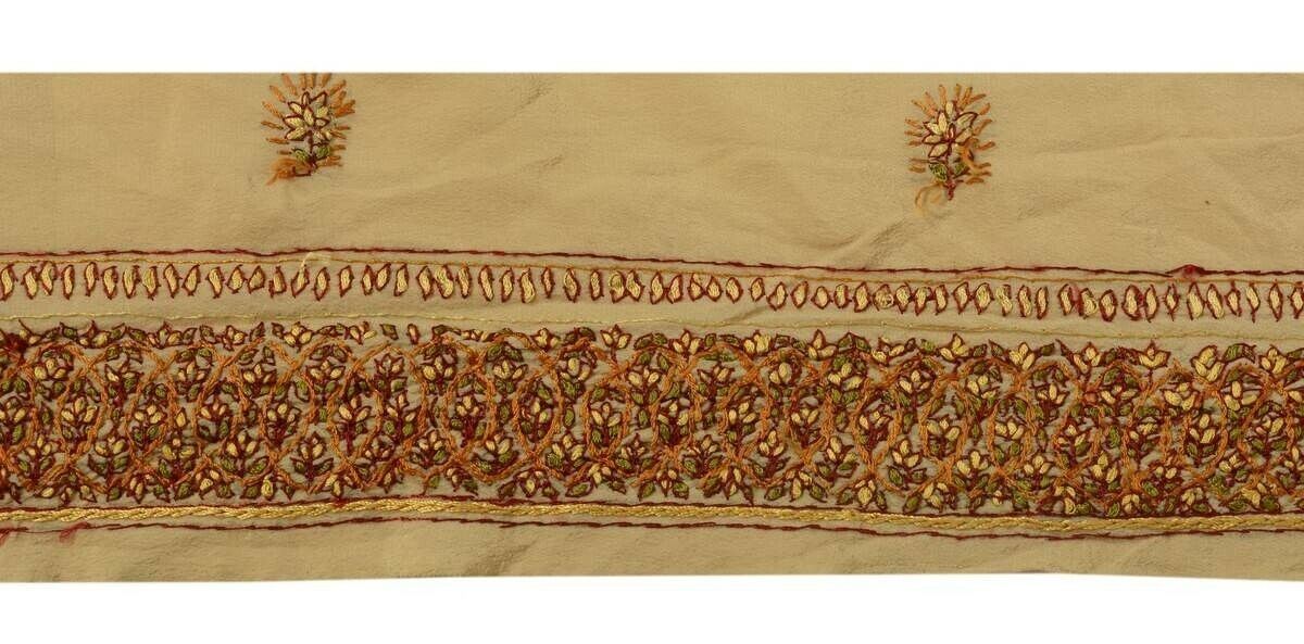 Antique Vintage Sari Border Indian Craft Trim Hand Embroidered Beige Lace Ribbon