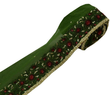 Vintage Sari Border Indian Craft Trim Hand Embroidered Beaded Green Lace Ribbon