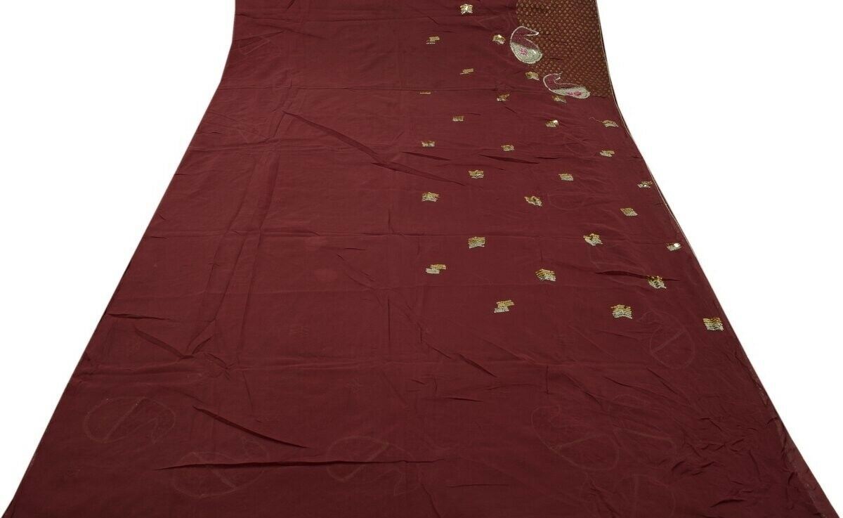 Vtg Saree 100% Pure Georgette Silk Patch Work Scrap Fabric for Craft Deep Mauve