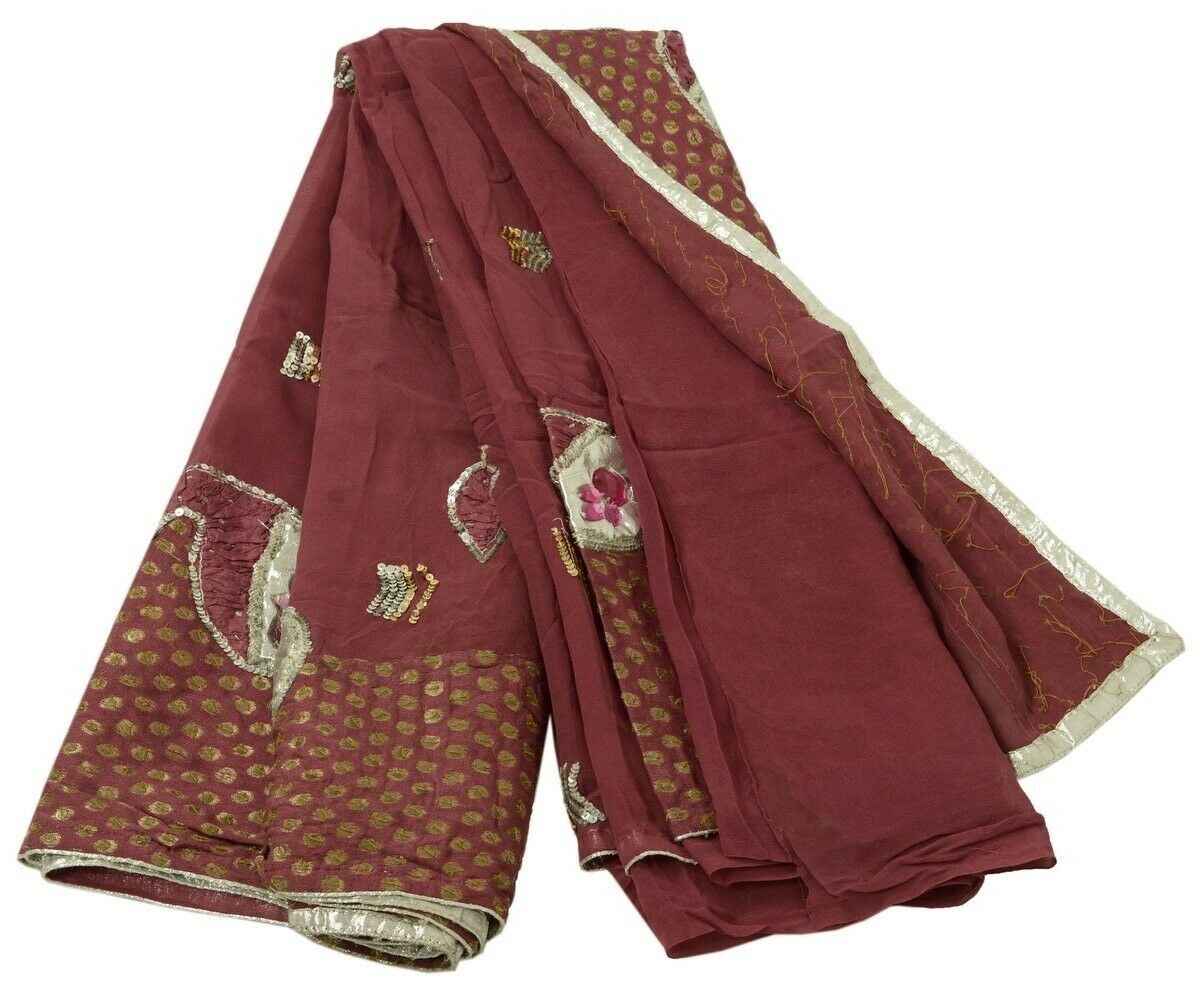 Vtg Saree 100% Pure Georgette Silk Patch Work Scrap Fabric for Craft Deep Mauve