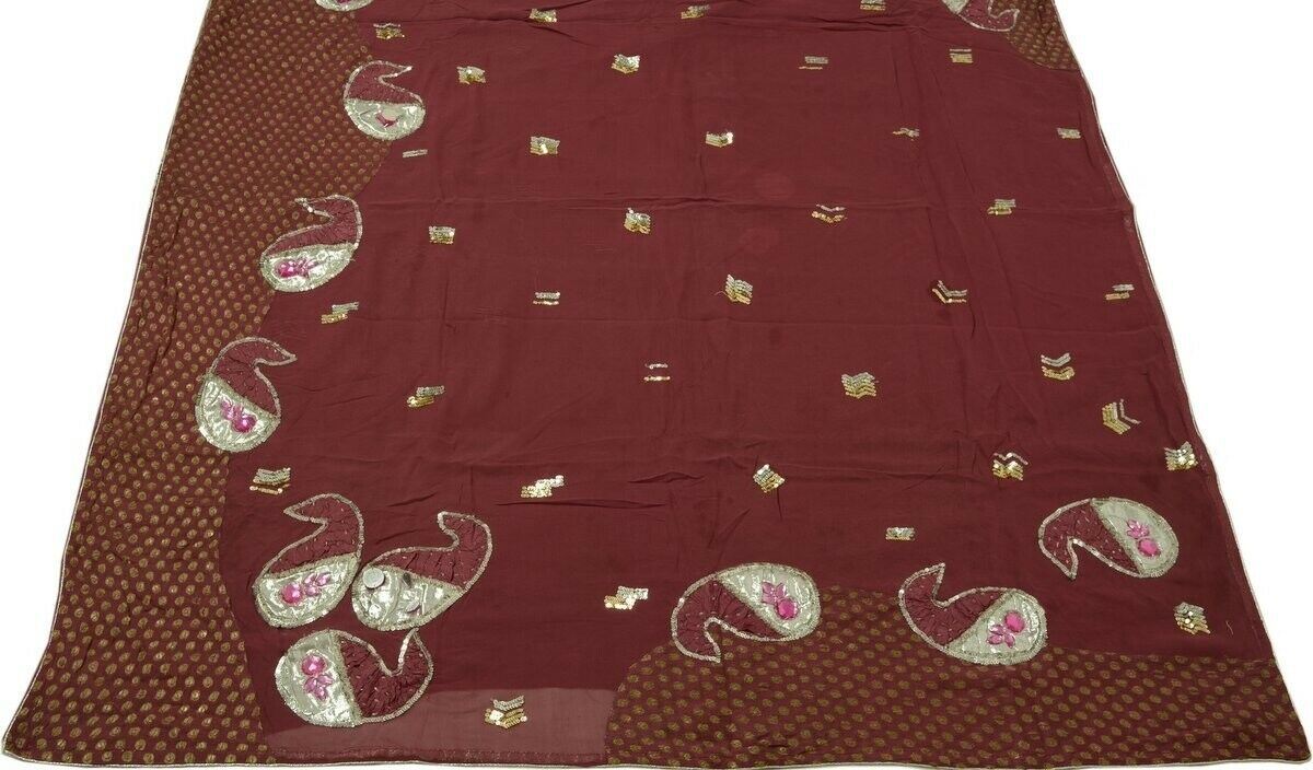 Vtg Saree 100% Pure Georgette Silk Patch Work Scrap Fabric for Craft Deep Mauve