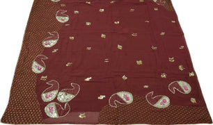 Vtg Saree 100% Pure Georgette Silk Patch Work Scrap Fabric for Craft Deep Mauve