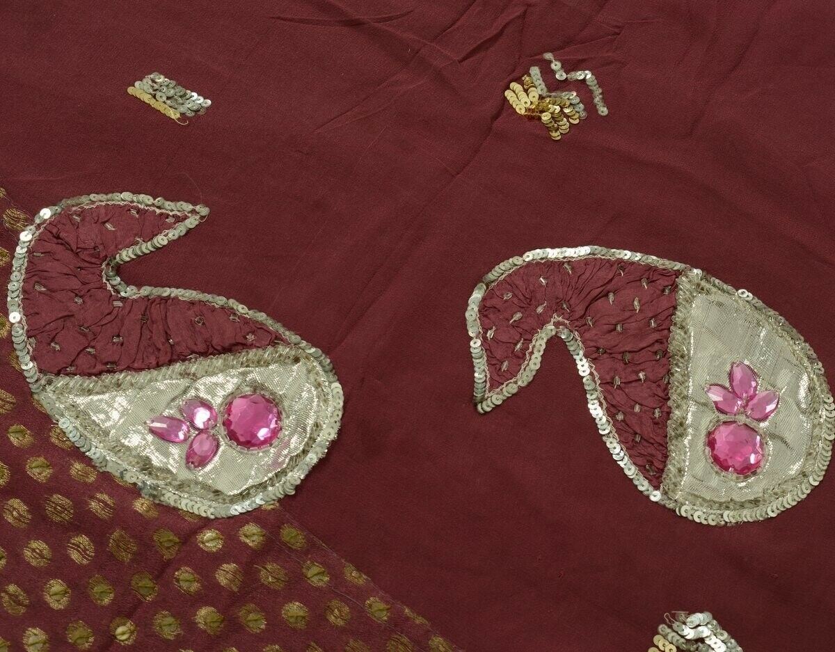 Vtg Saree 100% Pure Georgette Silk Patch Work Scrap Fabric for Craft Deep Mauve