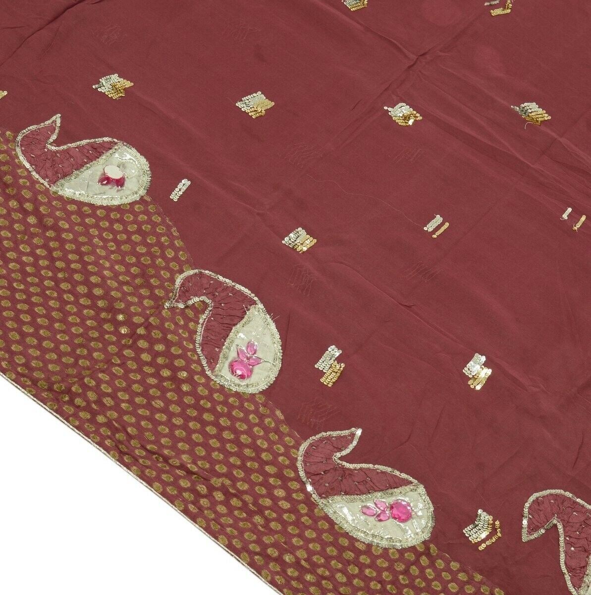 Vtg Saree 100% Pure Georgette Silk Patch Work Scrap Fabric for Craft Deep Mauve