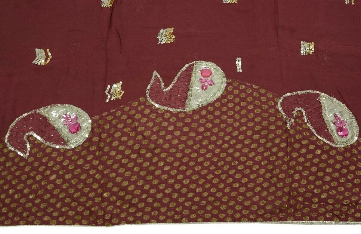 Vtg Saree 100% Pure Georgette Silk Patch Work Scrap Fabric for Craft Deep Mauve