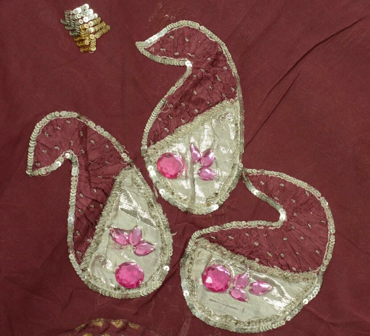 Vtg Saree 100% Pure Georgette Silk Patch Work Scrap Fabric for Craft Deep Mauve