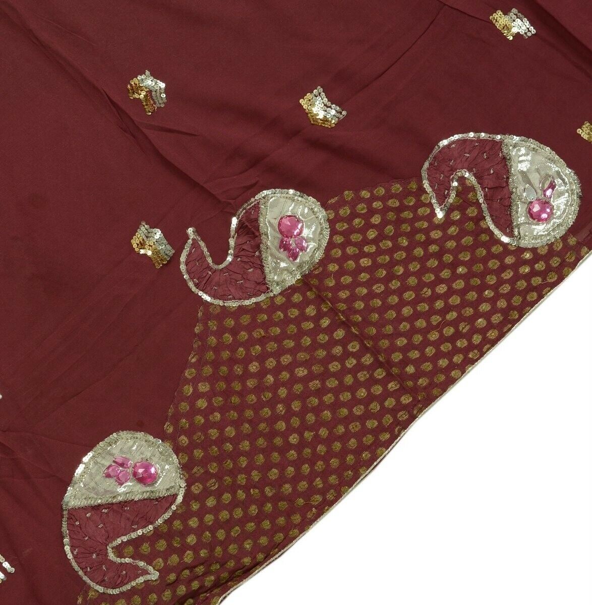 Vtg Saree 100% Pure Georgette Silk Patch Work Scrap Fabric for Craft Deep Mauve