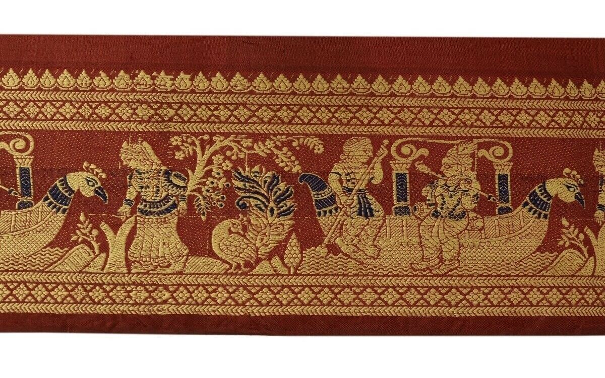 Vintage Sari Border Indian Craft Trim Woven Baluchari Human Ribbon Lace Maroon