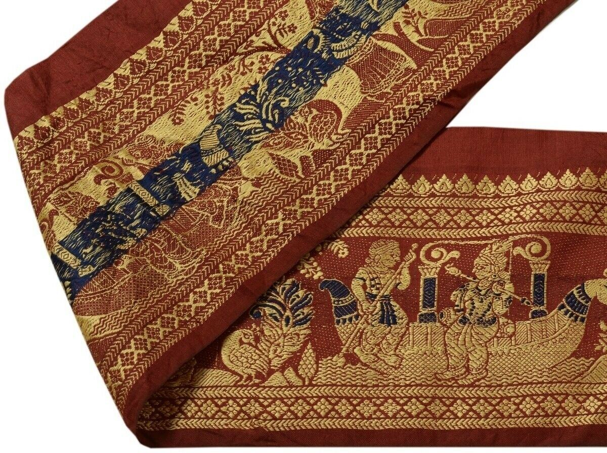 Vintage Sari Border Indian Craft Trim Woven Baluchari Human Ribbon Lace Maroon