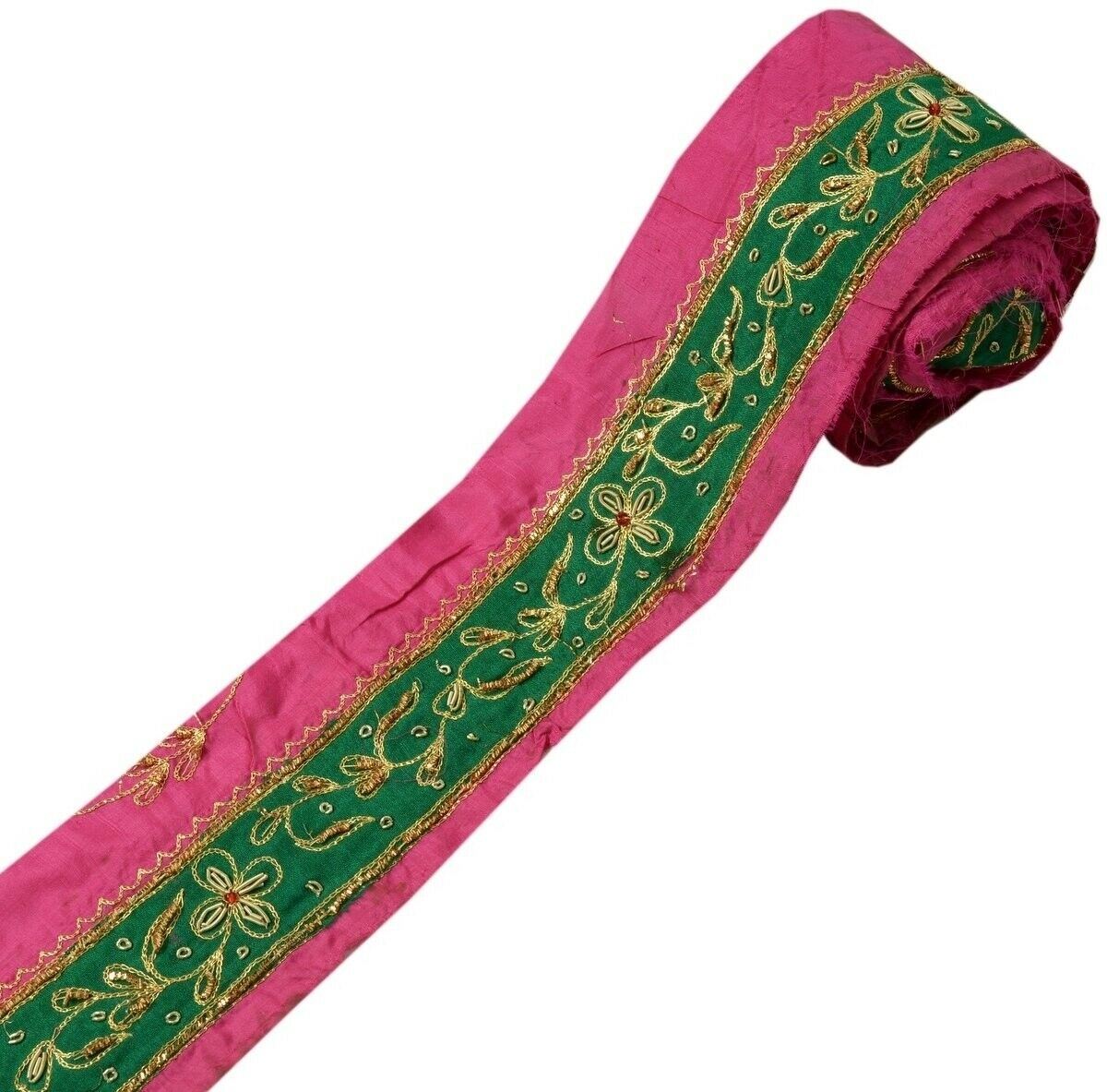 Vintage Sari Border Indian Craft Trim Hand Beaded Embroidered Ribbon Lace Green