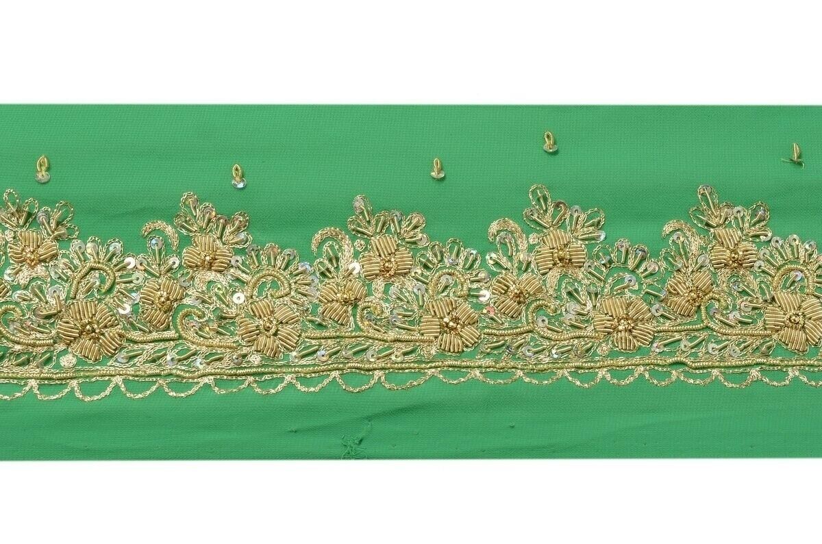 Vintage Sari Border Indian Craft Trim Hand Beaded Embroidered Ribbon Lace Green