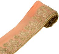 Vintage Sari Border Indian Craft Trim Hand Beaded Embroidered Ribbon Lace Peach