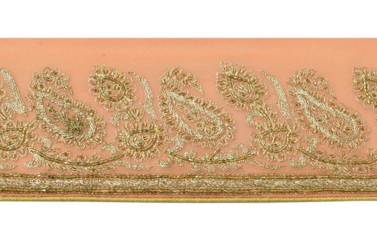Vintage Sari Border Indian Craft Trim Hand Beaded Embroidered Ribbon Lace Peach
