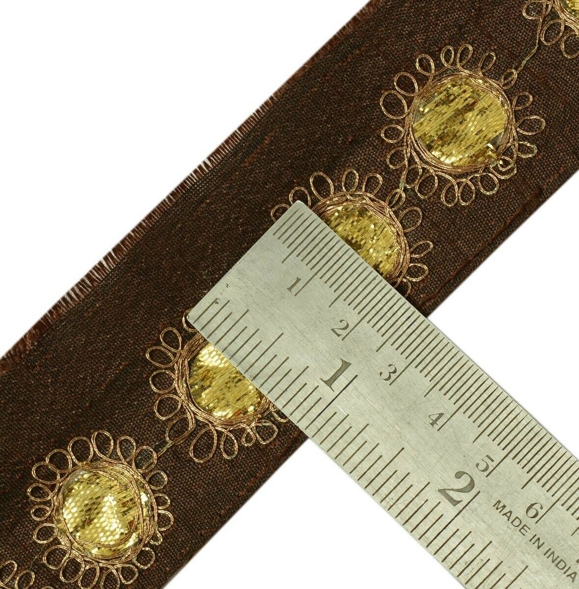 Vintage Sari Border Indian Craft Trim Embroidered Gota Patti Lace Dark Brown