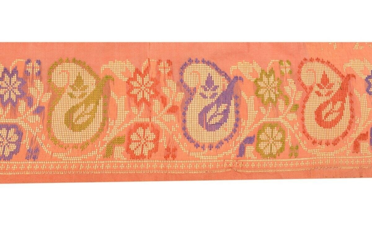 Vintage Sari Border Indian Craft Trim Paisley Woven Pure Silk Peach Ribbon Lace
