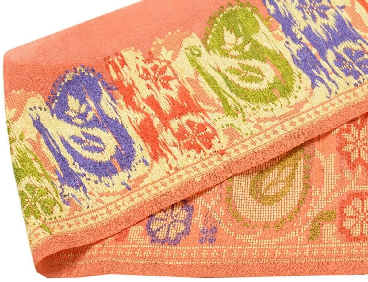 Vintage Sari Border Indian Craft Trim Paisley Woven Pure Silk Peach Ribbon Lace