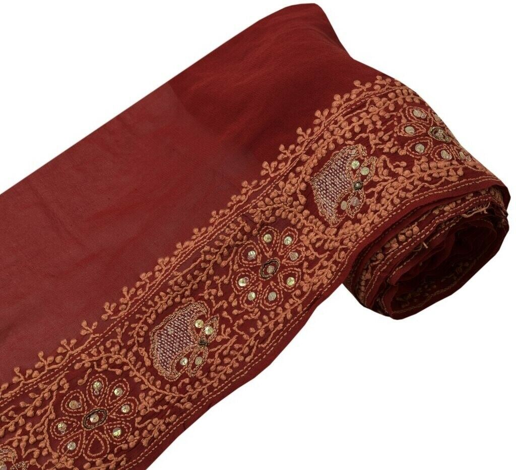 Vintage Sari Border Indian Craft Sewing Trim Hand Embroidered Lace Dark Red