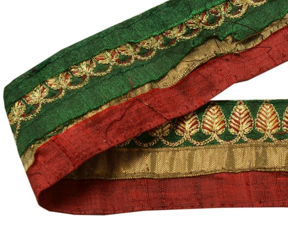 Vintage Sari Border Indian Craft Trim Embroidered Maroon Green Patch Ribbon Lace