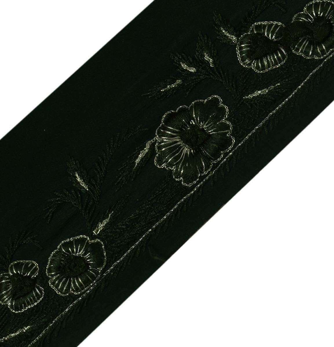 Vintage Sari Border Indian Craft Trim Lace Embroidered Floral Green Ribbon Wrap