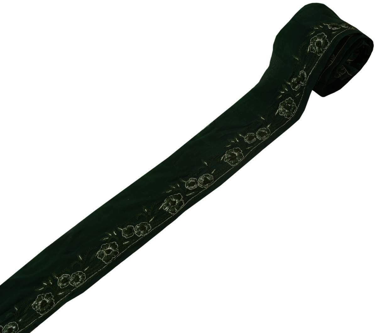Vintage Sari Border Indian Craft Trim Lace Embroidered Floral Green Ribbon Wrap