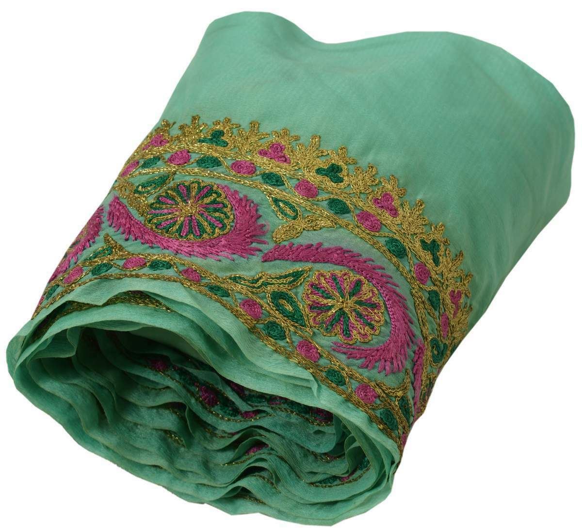 Vintage Sari Border Indian Craft Trim Embroidered Floral Green Lace Ribbon Wrap
