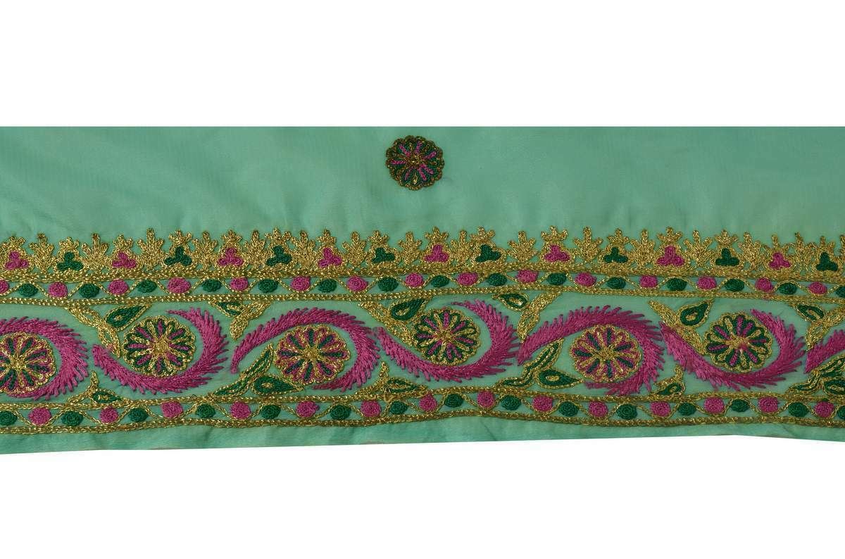 Vintage Sari Border Indian Craft Trim Embroidered Floral Green Lace Ribbon Wrap
