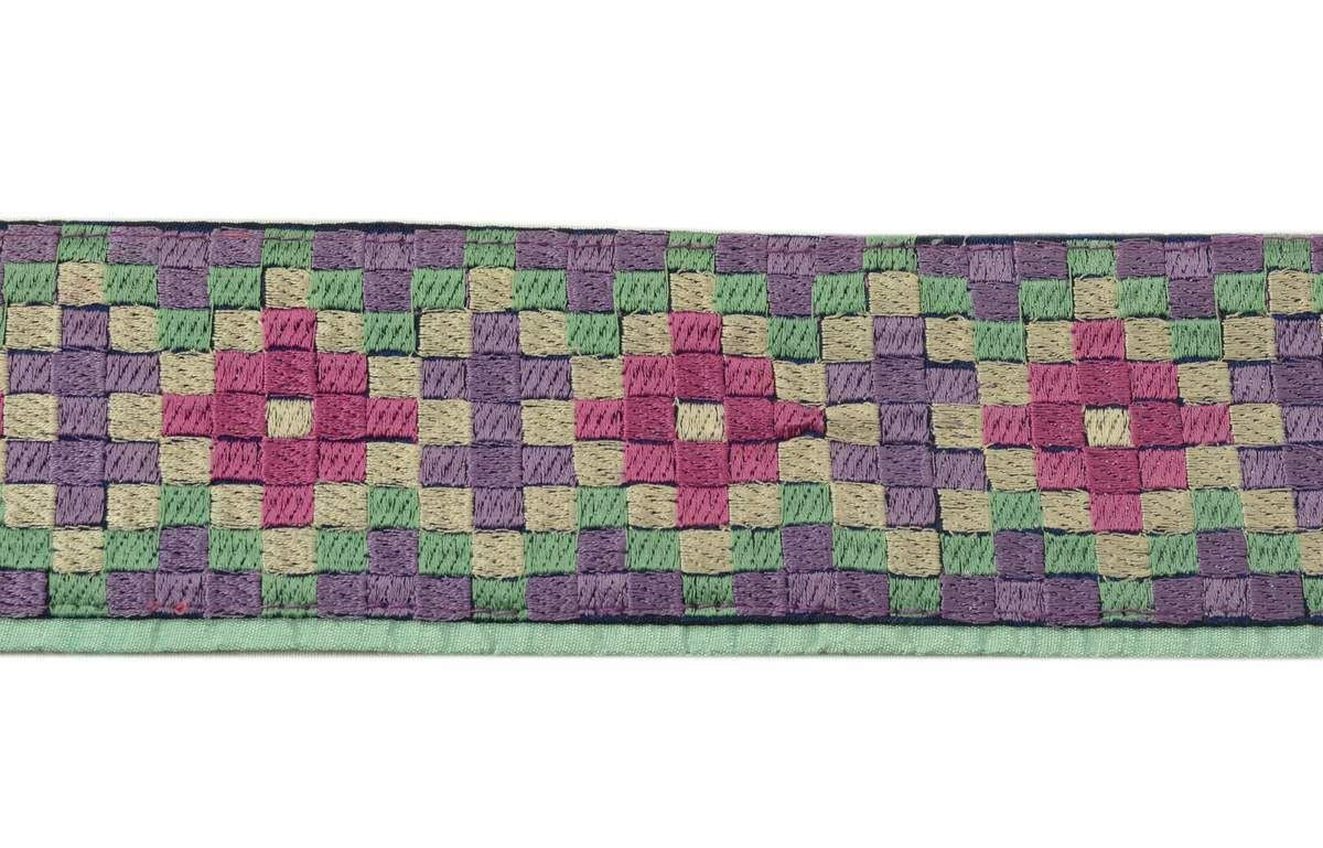 Vintage Sari Border Indian Craft Trim Embroidered Multi Color Checks Lace Ribbon