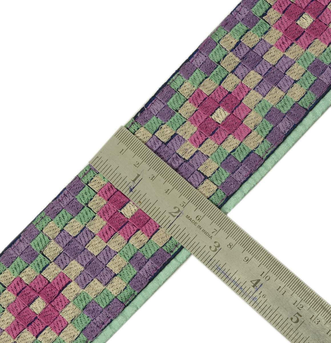 Vintage Sari Border Indian Craft Trim Embroidered Multi Color Checks Lace Ribbon