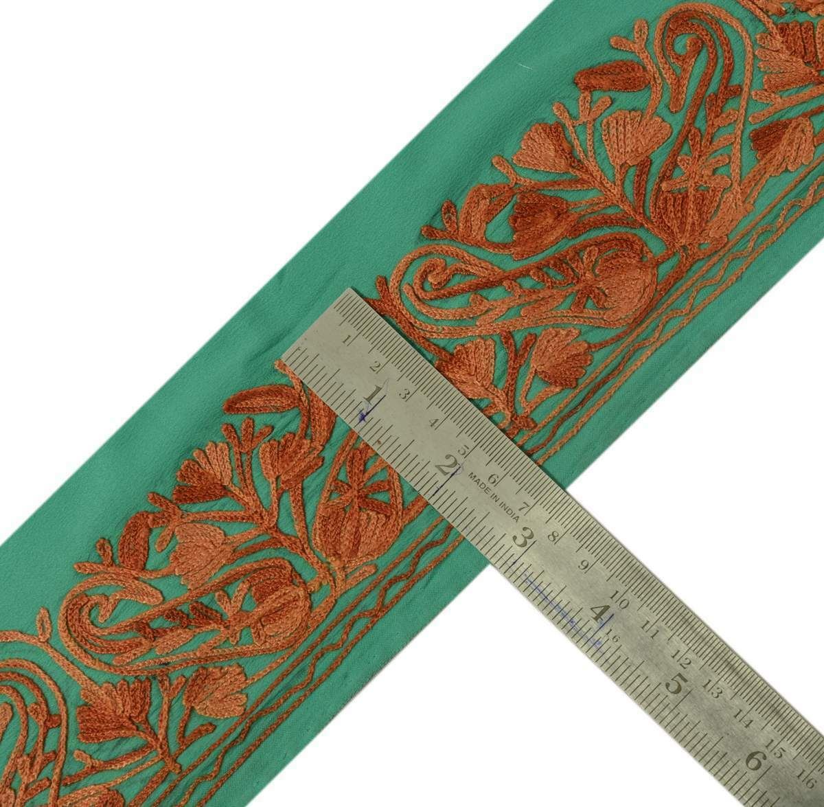 2.5" W Vintage Sari Border Indian Craft Trim Embroidered Green Lace Ribbon