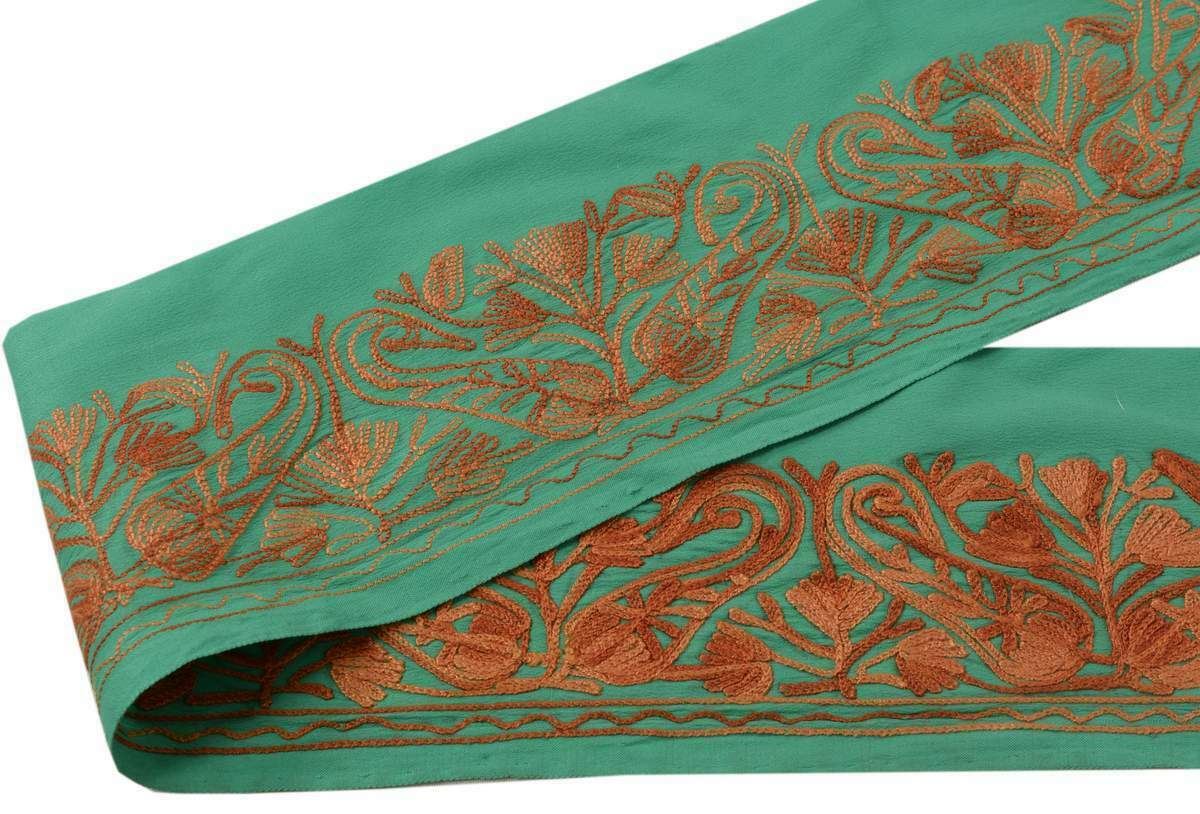 2.5" W Vintage Sari Border Indian Craft Trim Embroidered Green Lace Ribbon