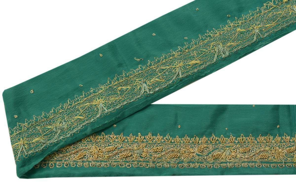 Vintage Sari Border Indian Craft Trim Hand Beaded Zardozi Work Green Lace Ribbon