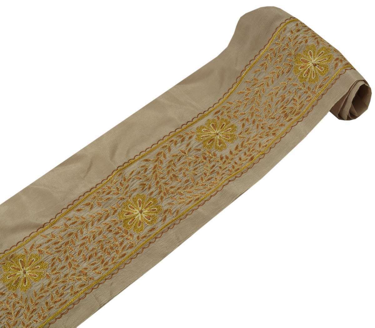Vintage Sari Border Indian Craft Trim Hand Embrodiered Floral Lace Ribbon Brown