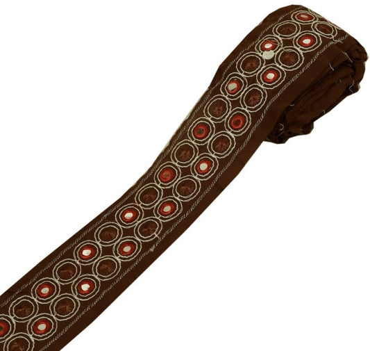 Vintage Sari Border Indian Craft Trim Antique Embroidered Mirror Work Lace Brown