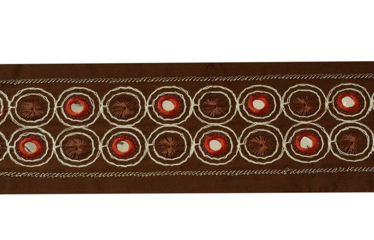 Vintage Sari Border Indian Craft Trim Antique Embroidered Mirror Work Lace Brown