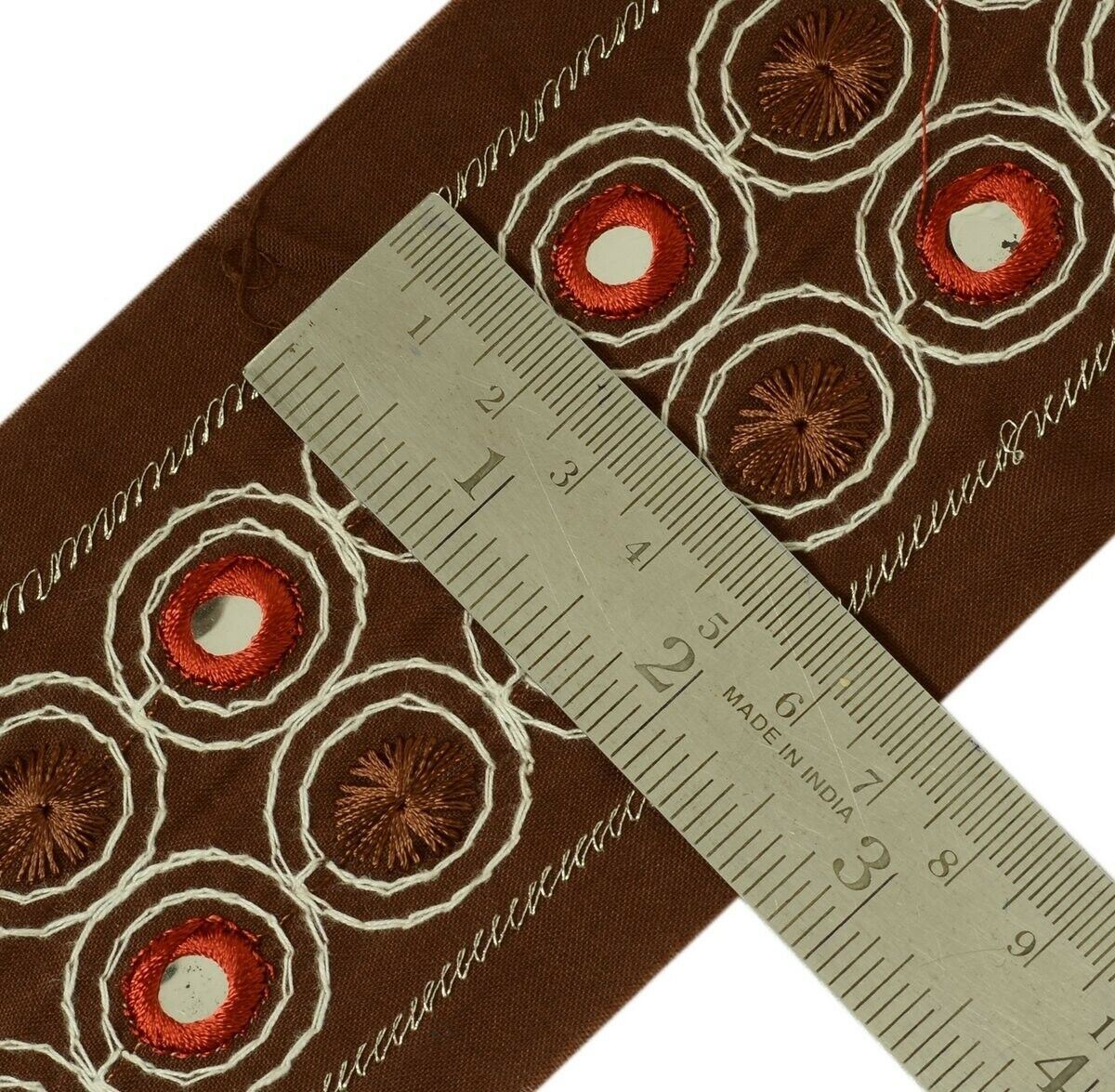 Vintage Sari Border Indian Craft Trim Antique Embroidered Mirror Work Lace Brown