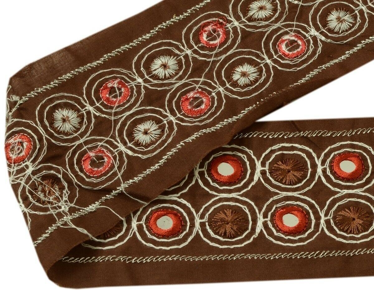 Vintage Sari Border Indian Craft Trim Antique Embroidered Mirror Work Lace Brown