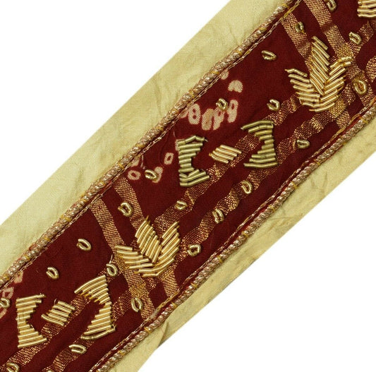 Vintage Sari Border Indian Craft Trim Hand Beaded Sewing Ribbon Lace Maroon