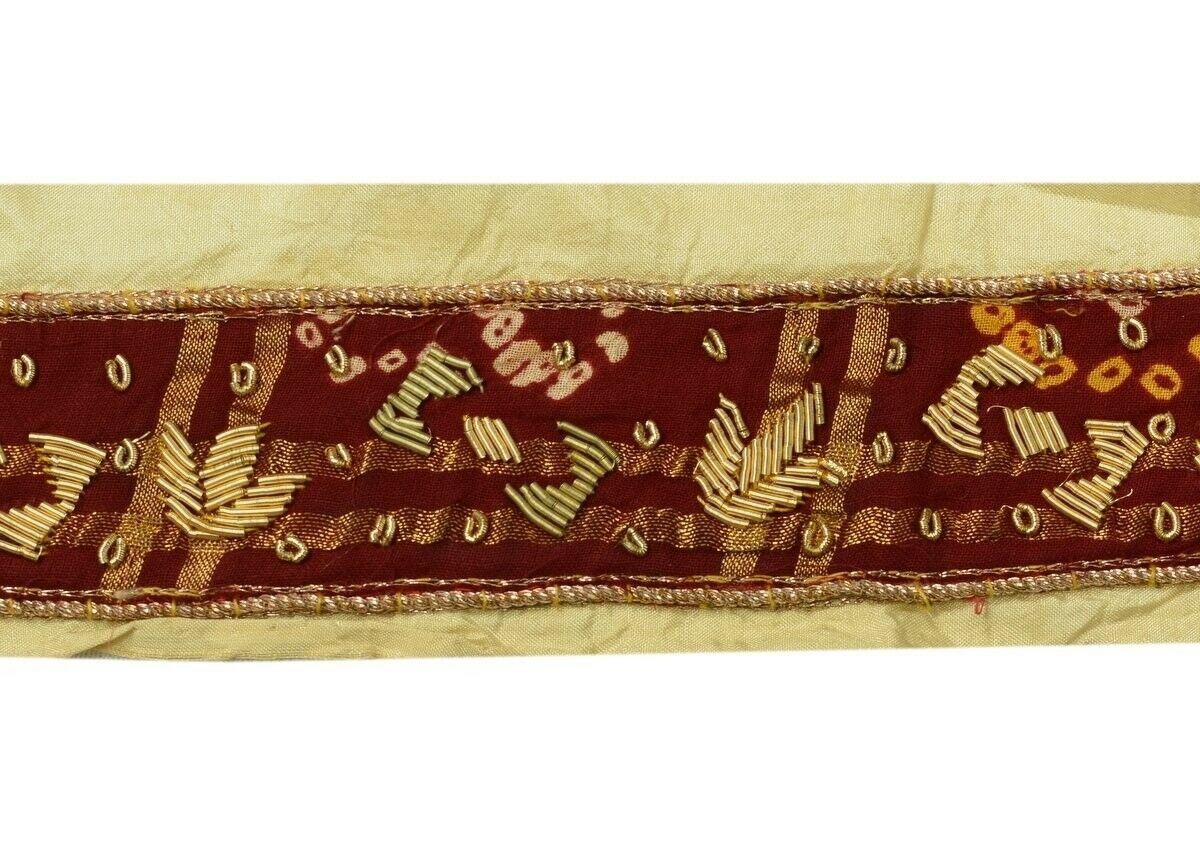 Vintage Sari Border Indian Craft Trim Hand Beaded Sewing Ribbon Lace Maroon